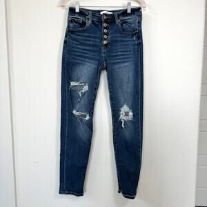 KAN CAN High Rise Distressed Skinny Jeans Button Fly Blue Size 5/26 Y2K Edgy